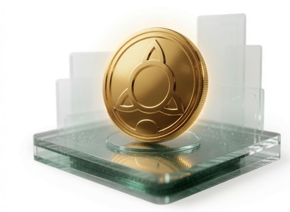 Metallic ORYON token on a glass ledger platform